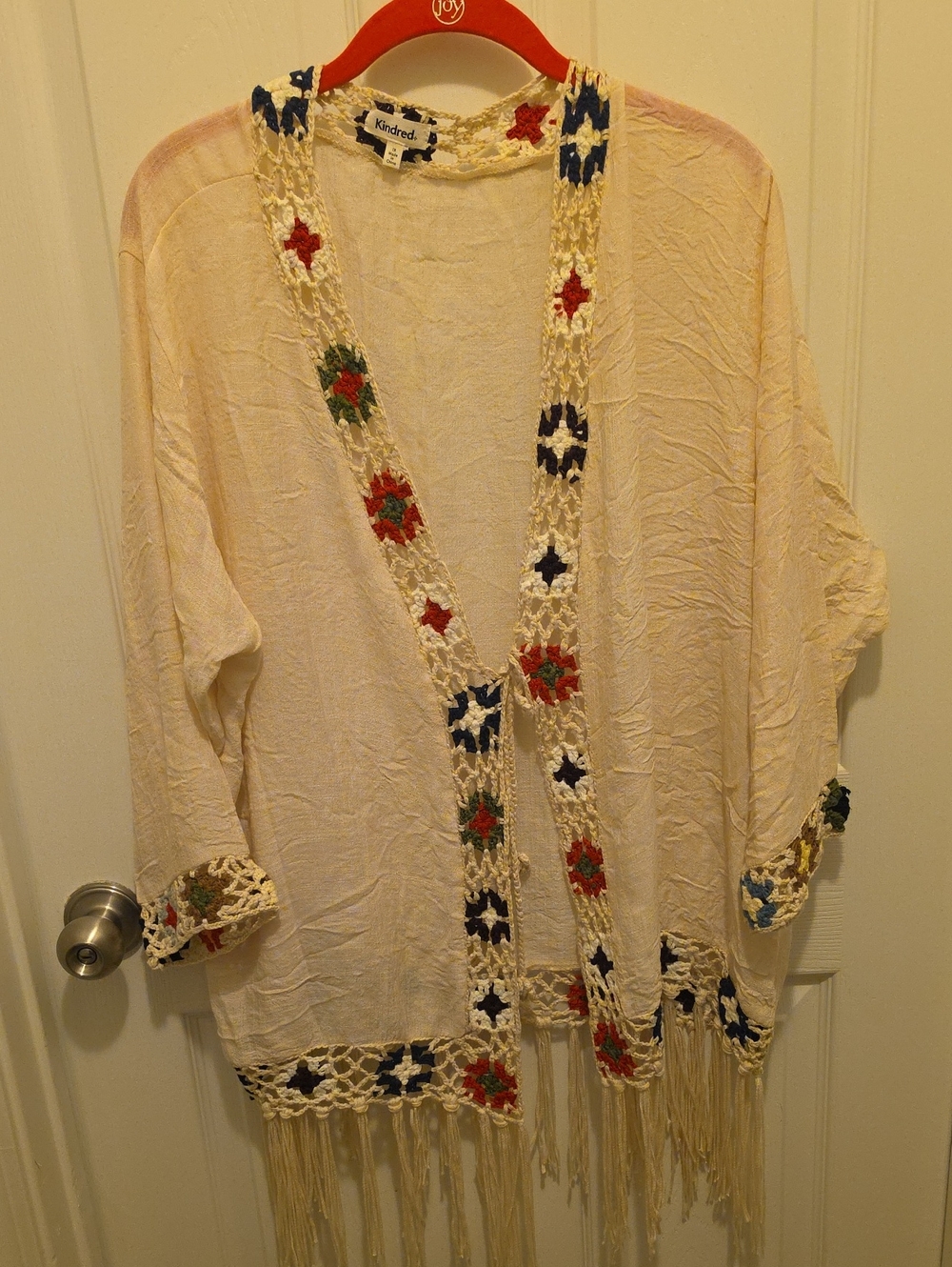 Kindred Cream Crochet Trim Fringe Kimono with Multicolor Accents